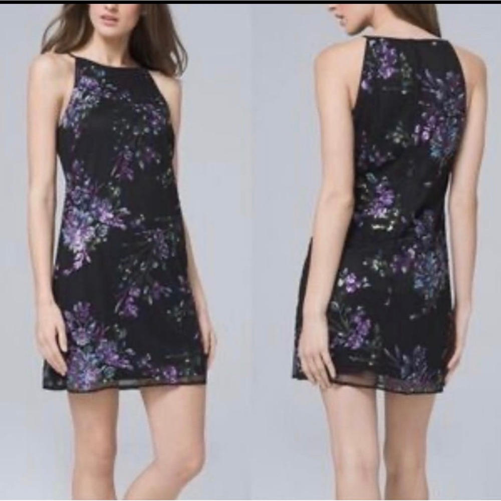 White House Black Market Dress Womens 00P Black Floral Sequin Halter Shift Mini